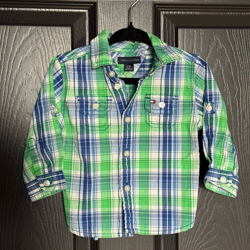 Tommy Hilfiger Kids Green and Blue Plaid Collared Shirt